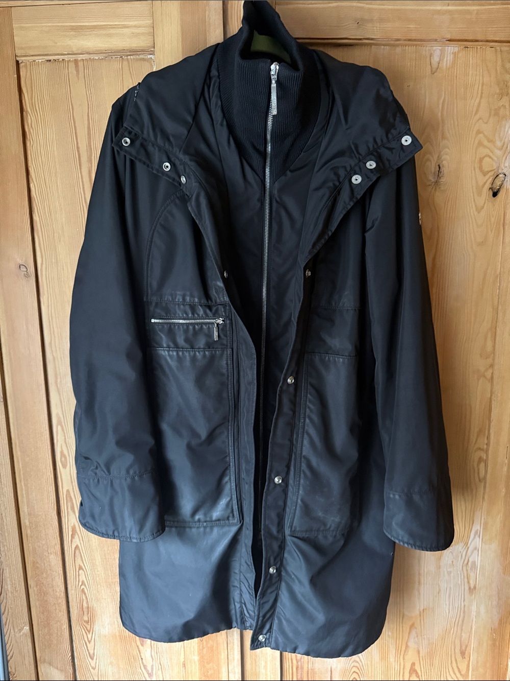 Women's Postcard Black Hooded All Weather Coat Jacket